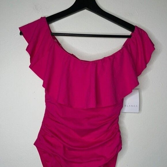 La Blanca Island Goddess Off-The-Shoulder Ruffled Tummy-Control One-Piece Sz 4 - Picture 6 of 10